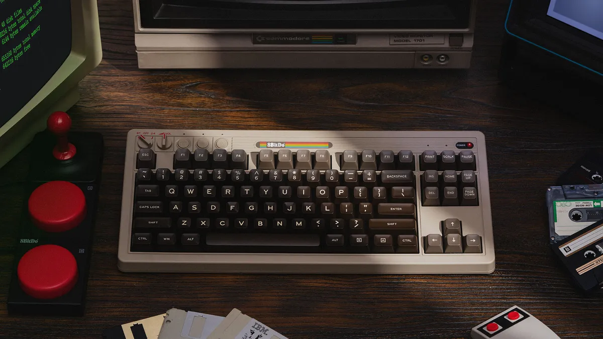 8BitDo Retro Mechanical Keyboard C64 Edition with the Dual Super Buttons and the Super Stick arcade joystick