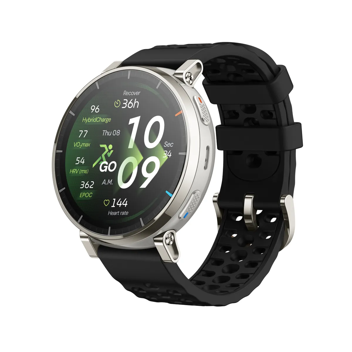 Amazfit Active 3 Premium smartwatch with a silver bezel and black band