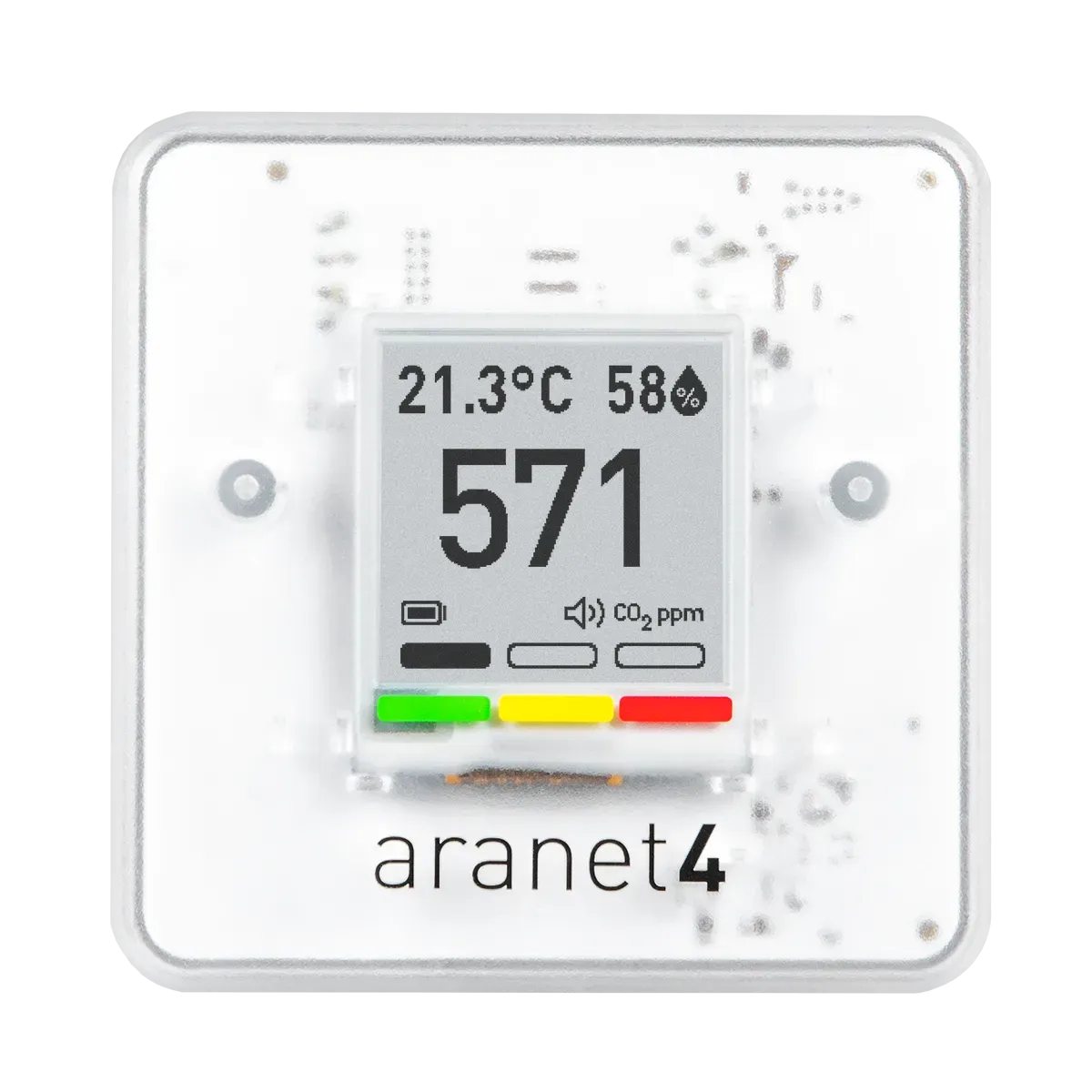 Aranet4 Home CO2 monitor, a white square with an e-ink screen showing 571 ppm