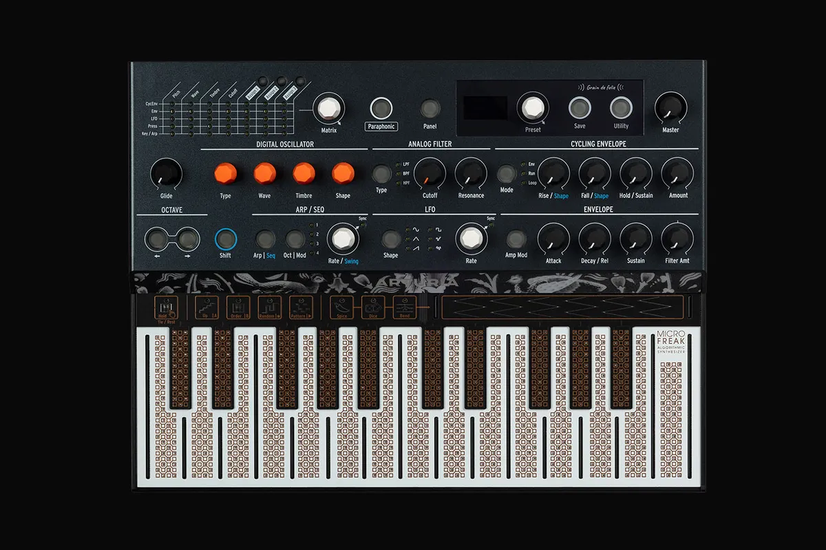 The Arturia MicroFreak seen from above, with its knob panel, small screen and flat touch keyboard