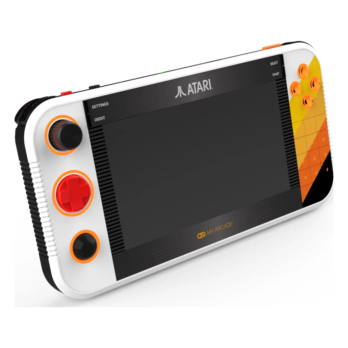 Atari Gamestation Go retro handheld in white, orange and black with its kickstand out