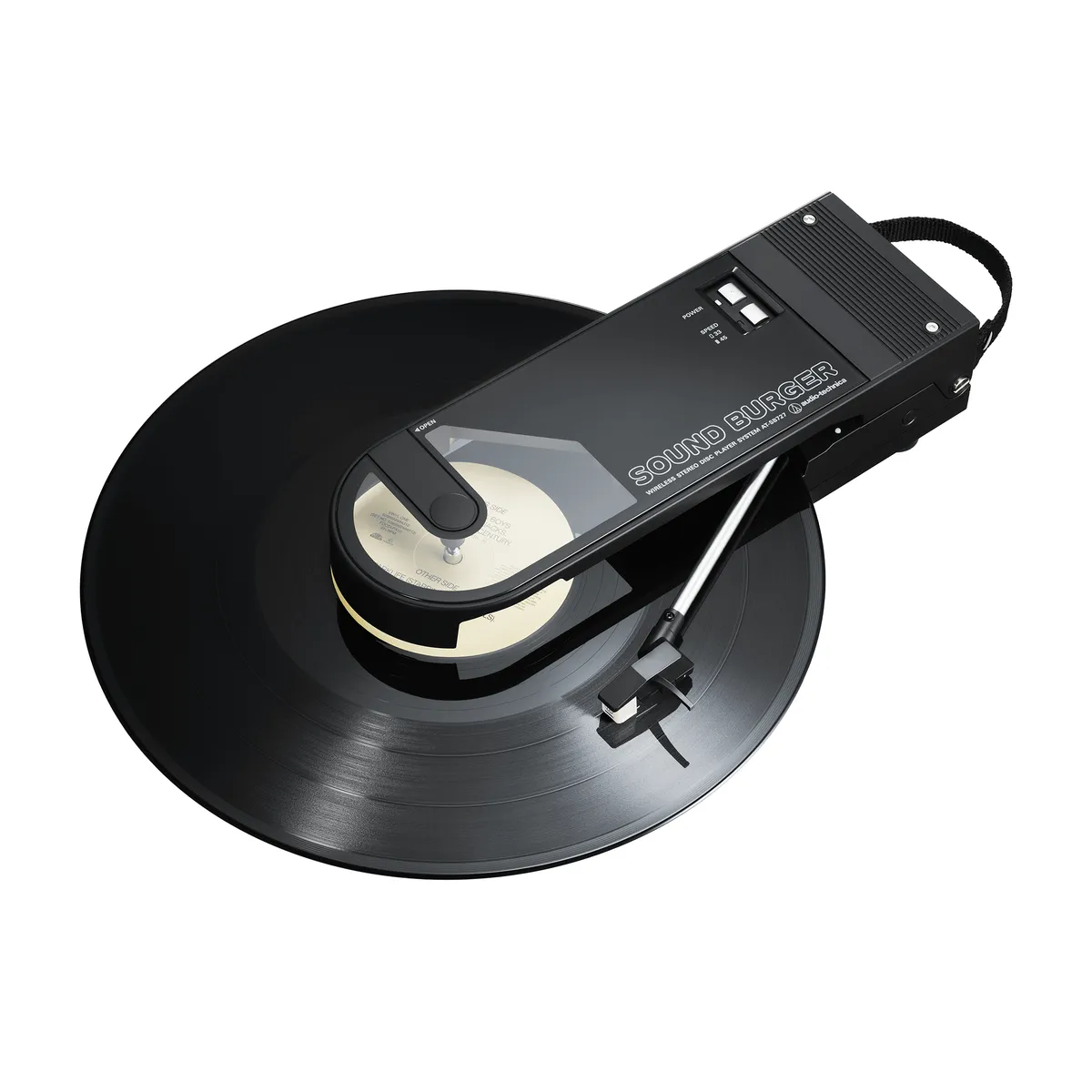 The black Audio-Technica Sound Burger portable turntable with a record on its platter and the tonearm swung out