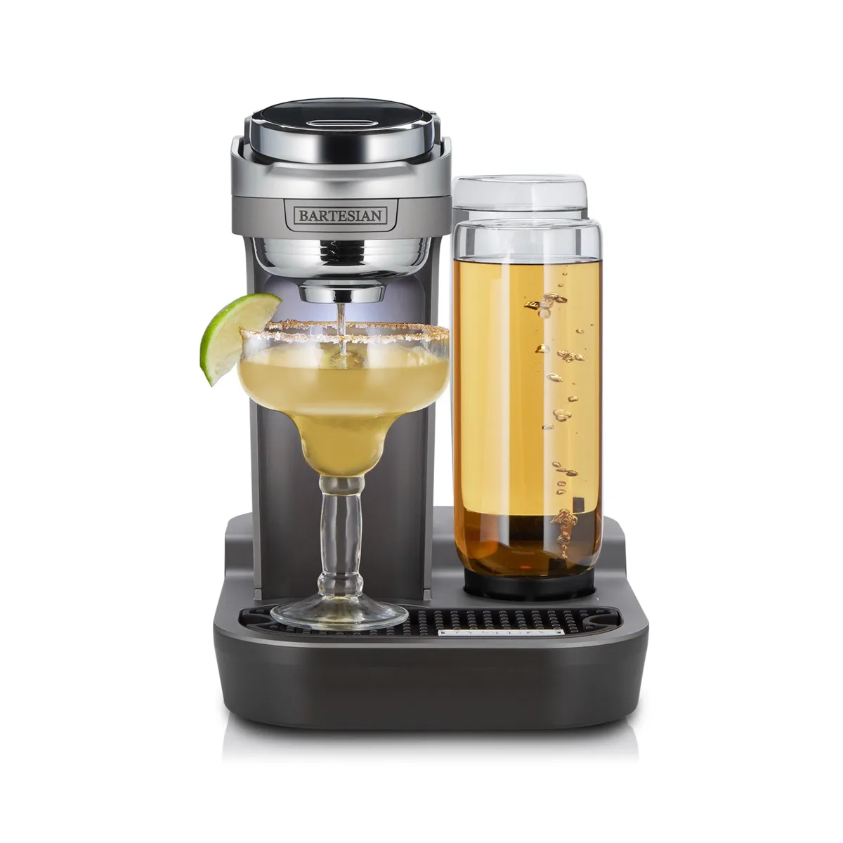 Bartesian Duet cocktail machine pouring a margarita, with a spirit bottle and water tank on the side