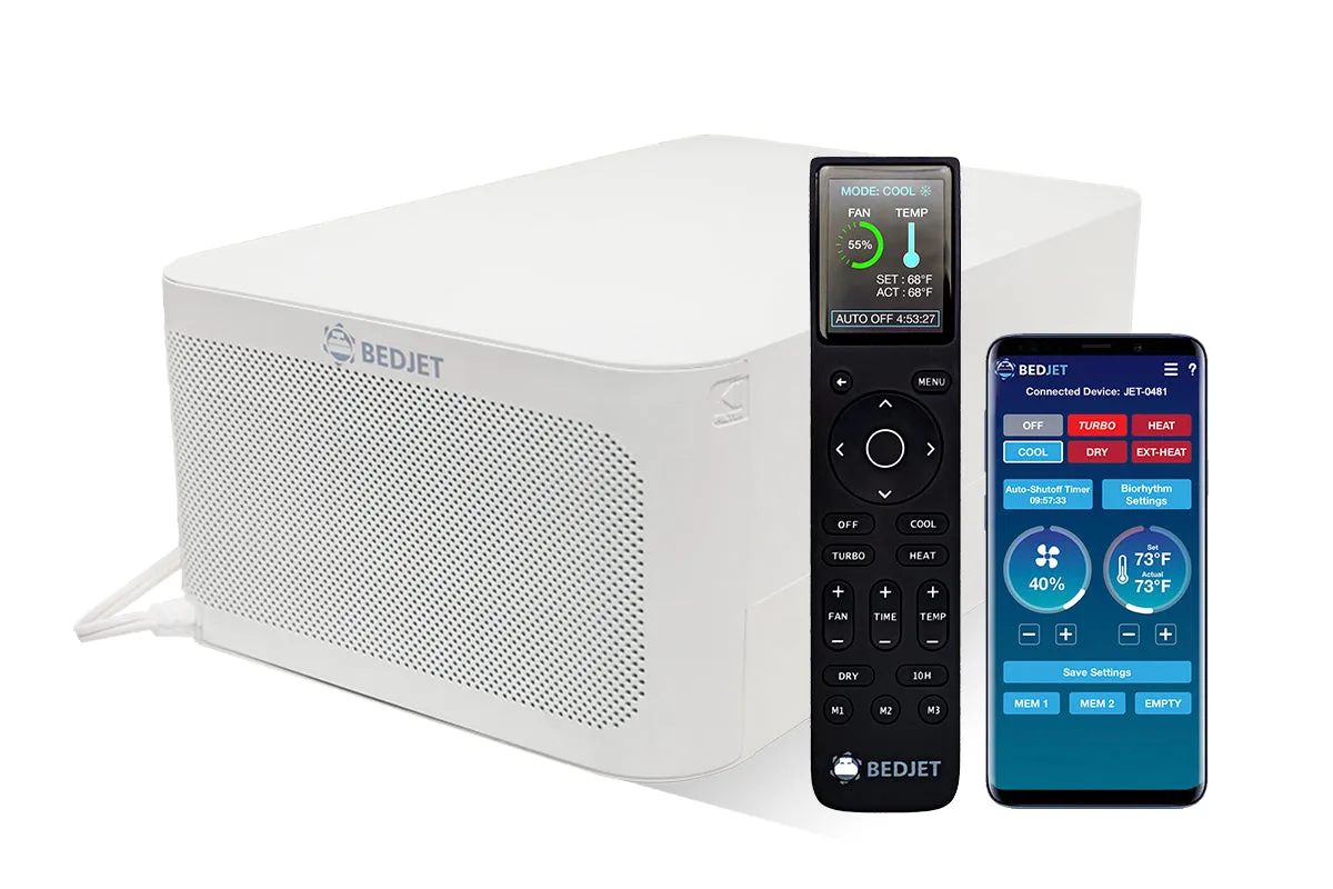White BedJet 3 base unit next to its color-screen remote and the BedJet phone app