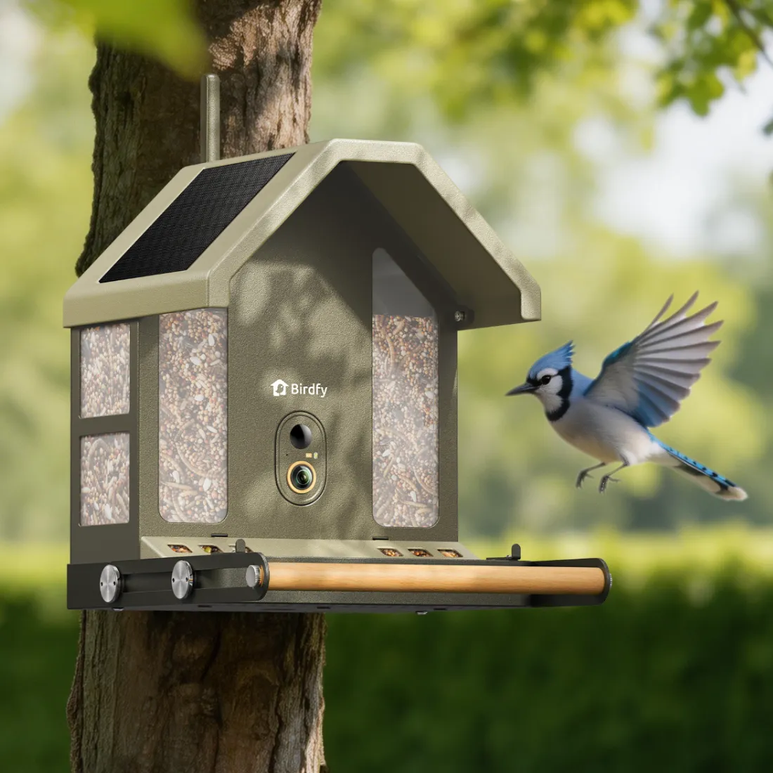 Moss green Birdfy Feeder Metal 2 4K with a solar roof, antenna, camera module, mounted on a tree with a blue jay flying in
