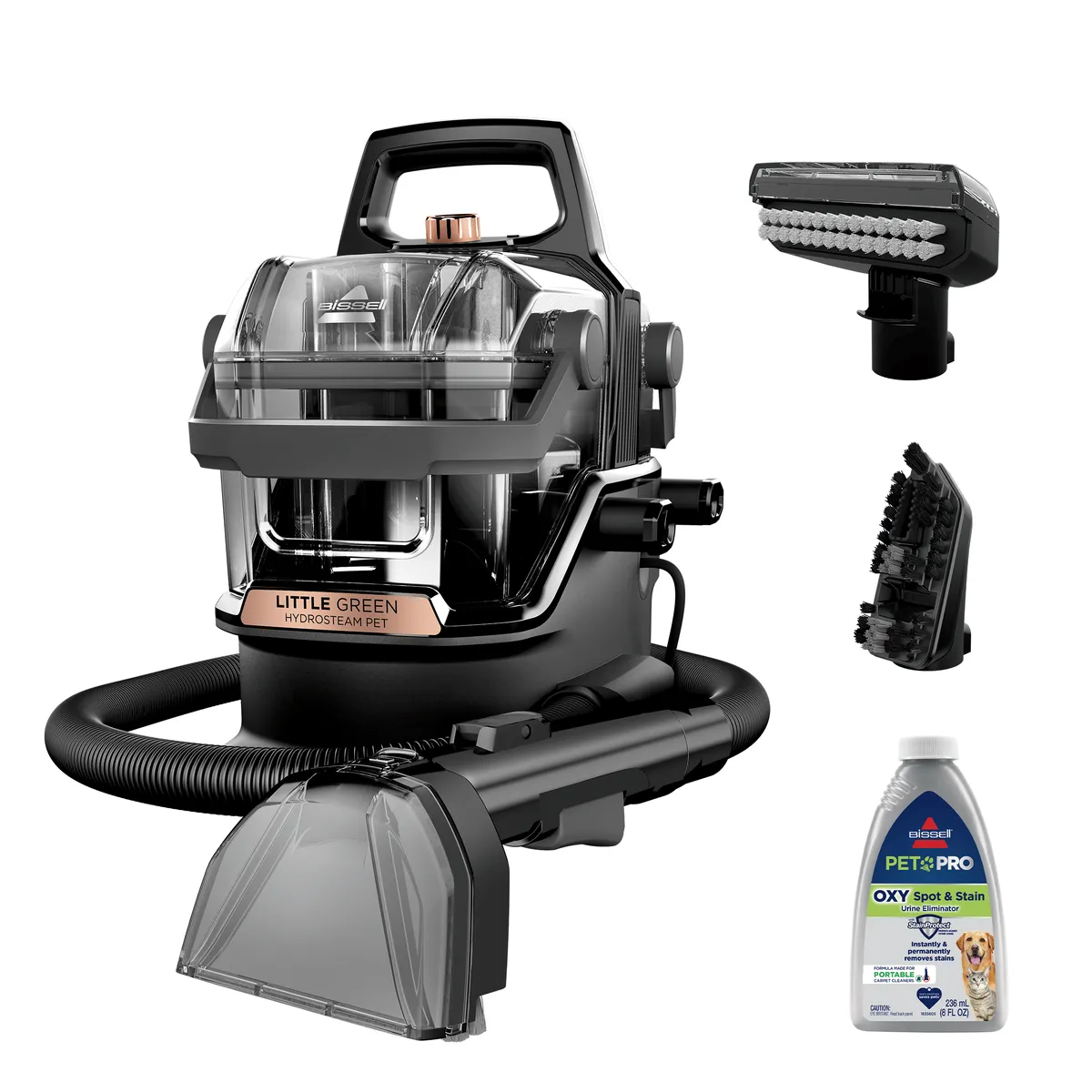 Bissell Little Green HydroSteam portable carpet cleaner with its hose, two tools and a bottle of Pet Pro Oxy formula