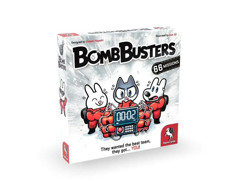 Bomb Busters board game box from Pegasus Spiele with three cartoon bomb technicians and a timer