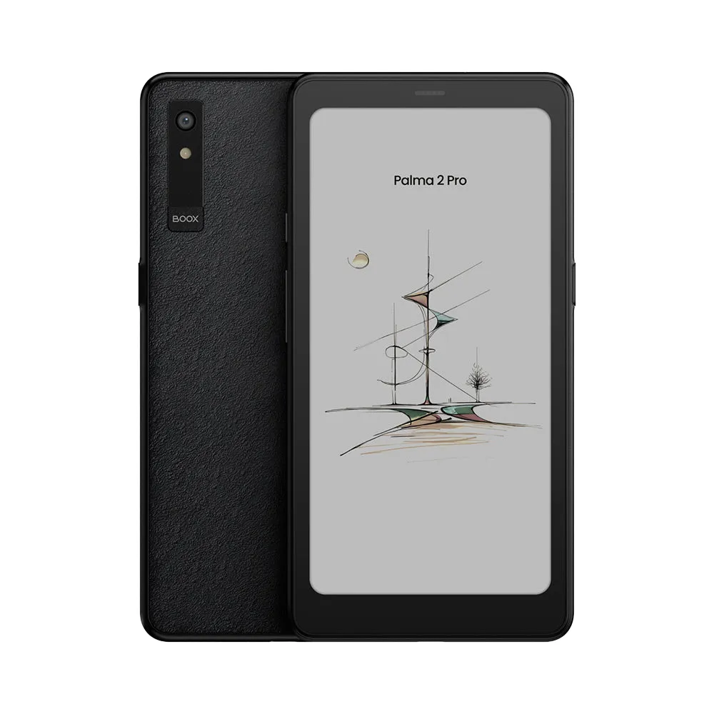 BOOX Palma 2 Pro in black, front and back, showing a sailing ship drawing on the screen