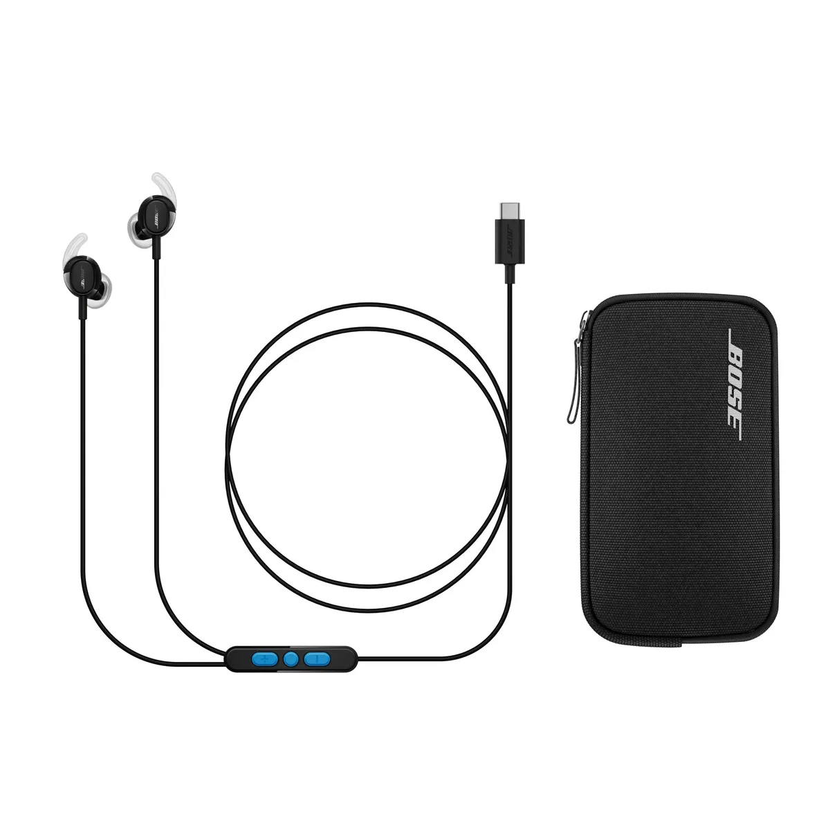 The Bose Noise Cancelling Wired Earbuds with their USB-C cable, inline remote and black zippered carry case