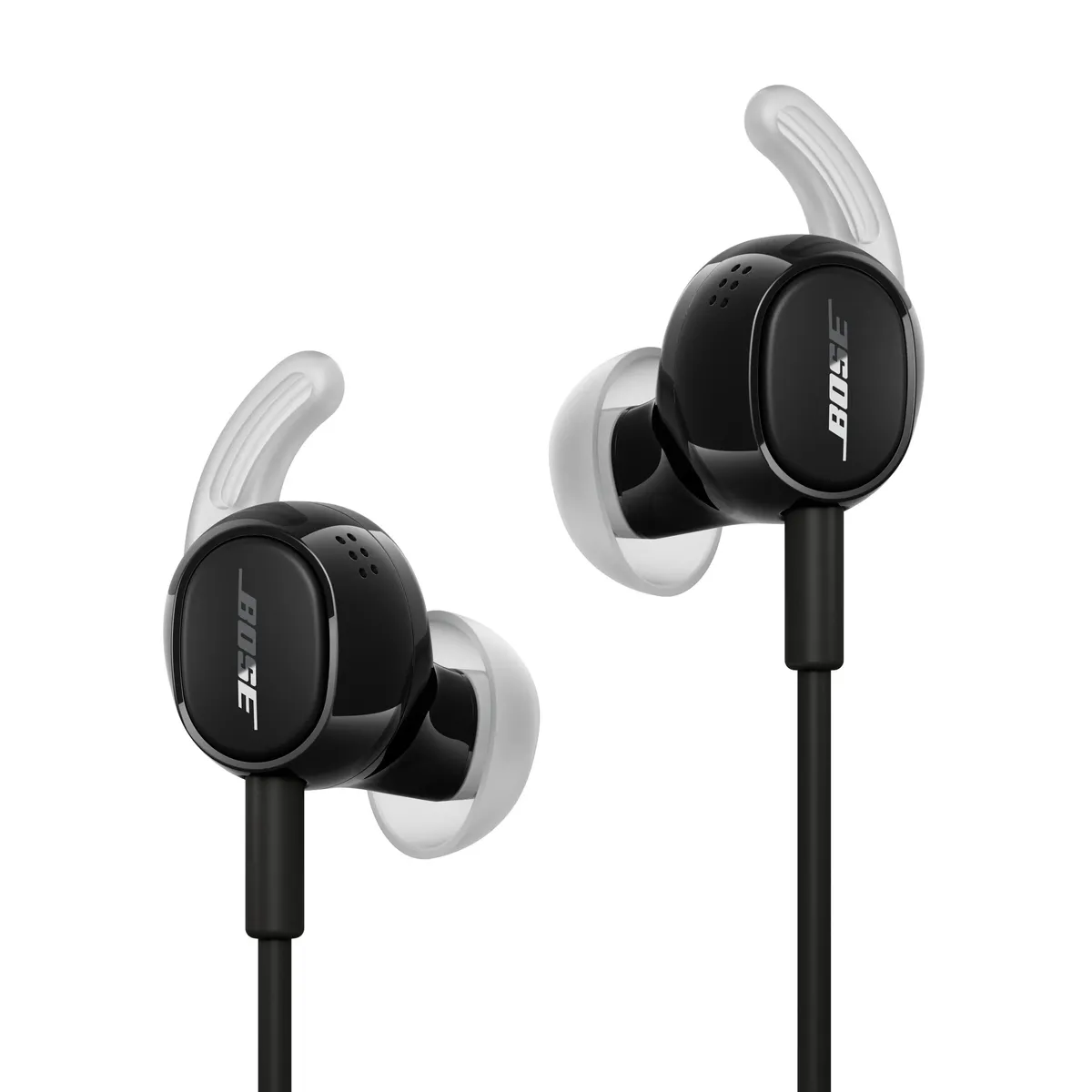Black Bose Noise Cancelling Wired Earbuds with clear stability wings and grey eartips