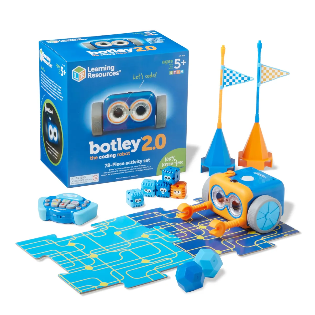 The Botley 2.0 Activity Set box next to the Botley robot, its remote programmer, coding cards, flags and maze boards