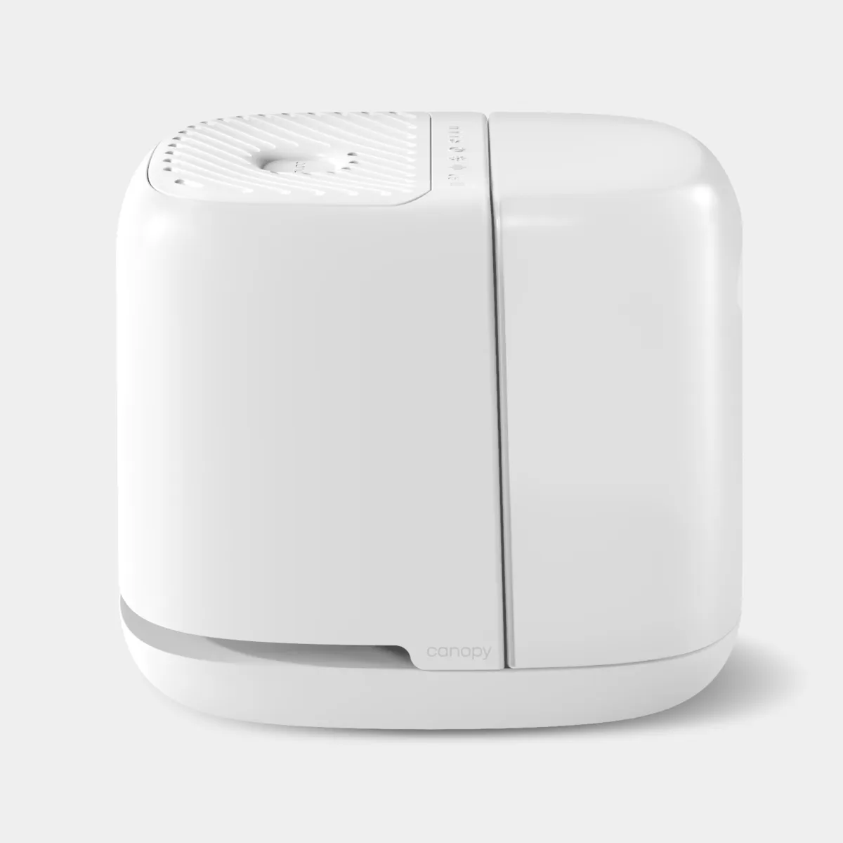 Canopy Bedside Humidifier 2.0 in white, a rounded square box with a vent grill on top