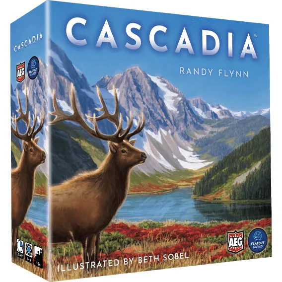 Cascadia board game box with an elk and mountain lake on the cover