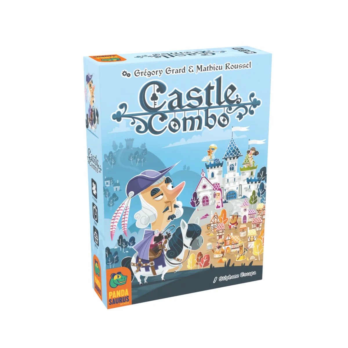 Castle Combo card game box from Pandasaurus Games with a cartoon knight in front of a castle