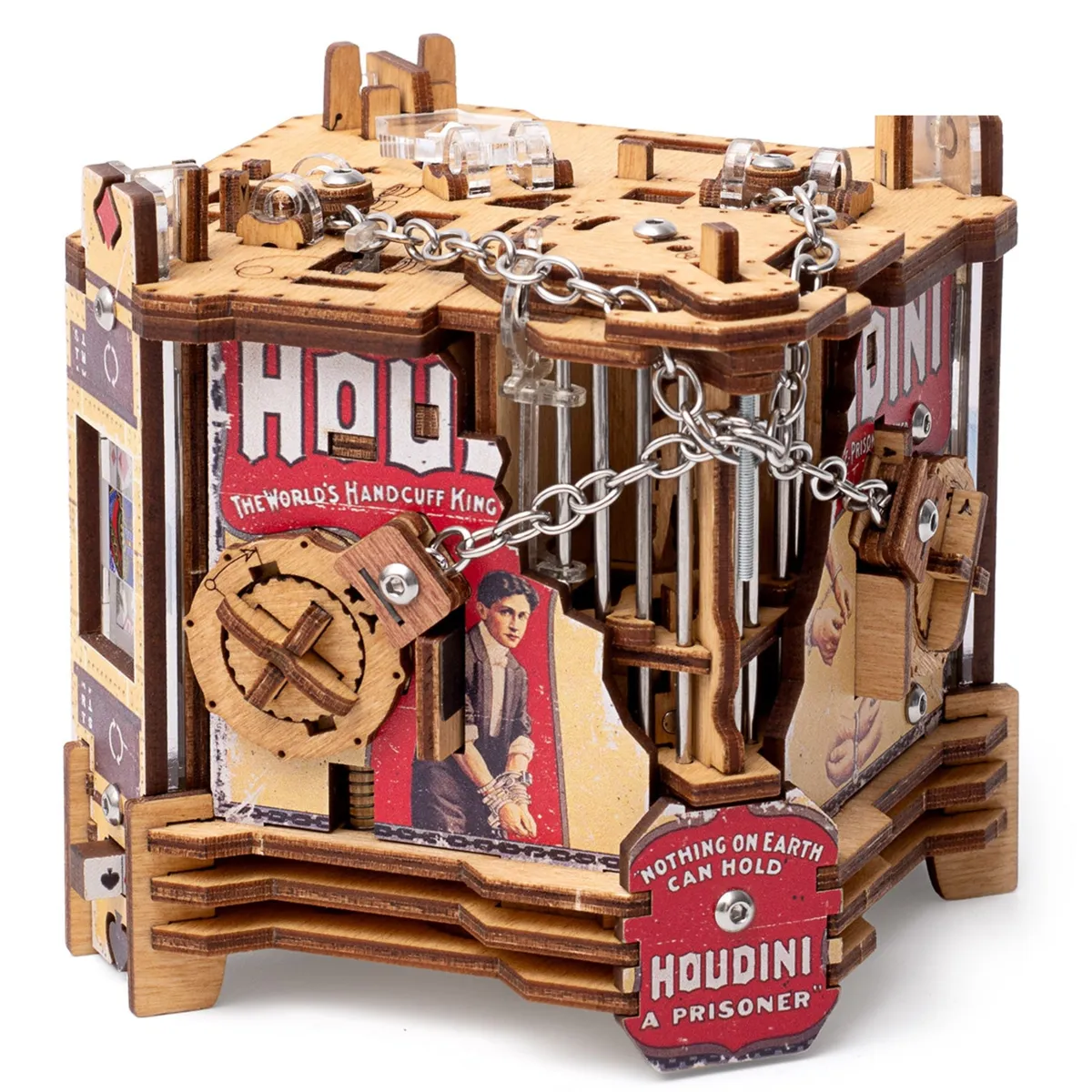 Cluebox Houdini's Magic Escape wooden puzzle box with chains and a Houdini figure inside a cage