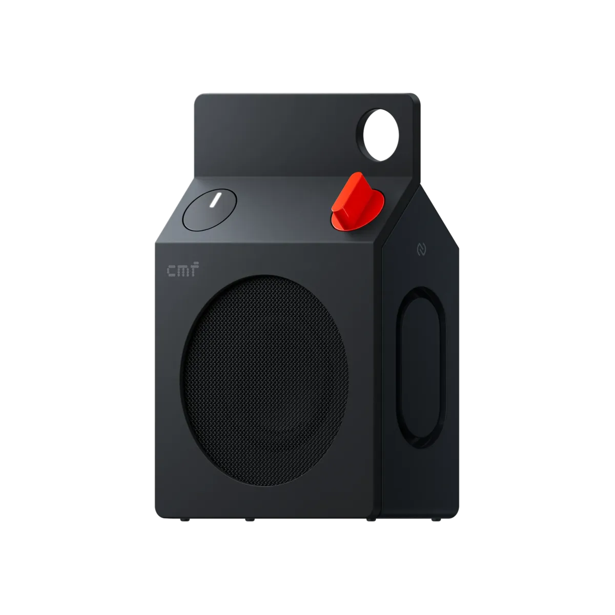 The CMF Speaker S in dark grey, a milk-carton-shaped speaker with a red knob and a round grille