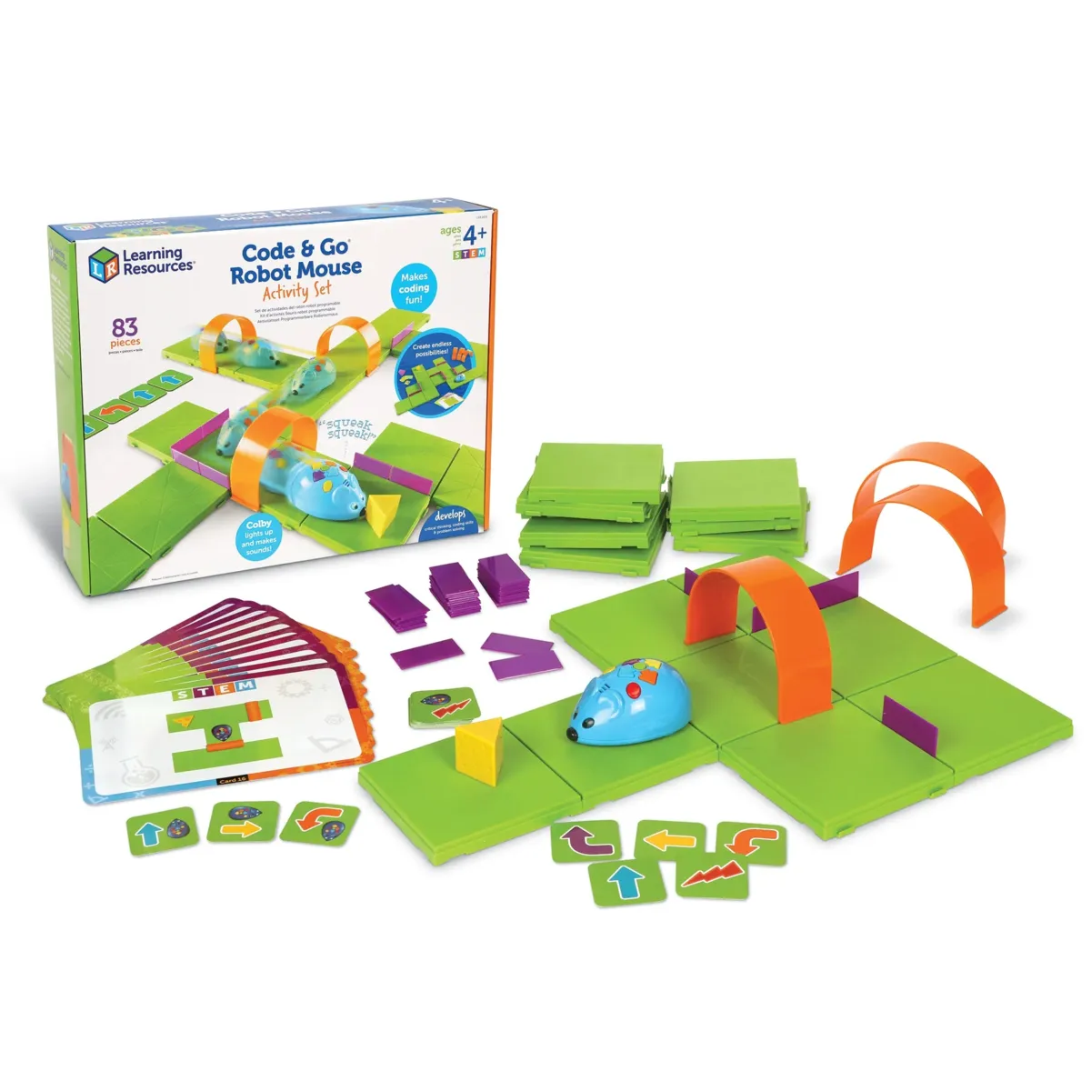 The Code & Go Robot Mouse Activity Set with the blue mouse, green maze tiles, purple walls, orange tunnels and coding cards