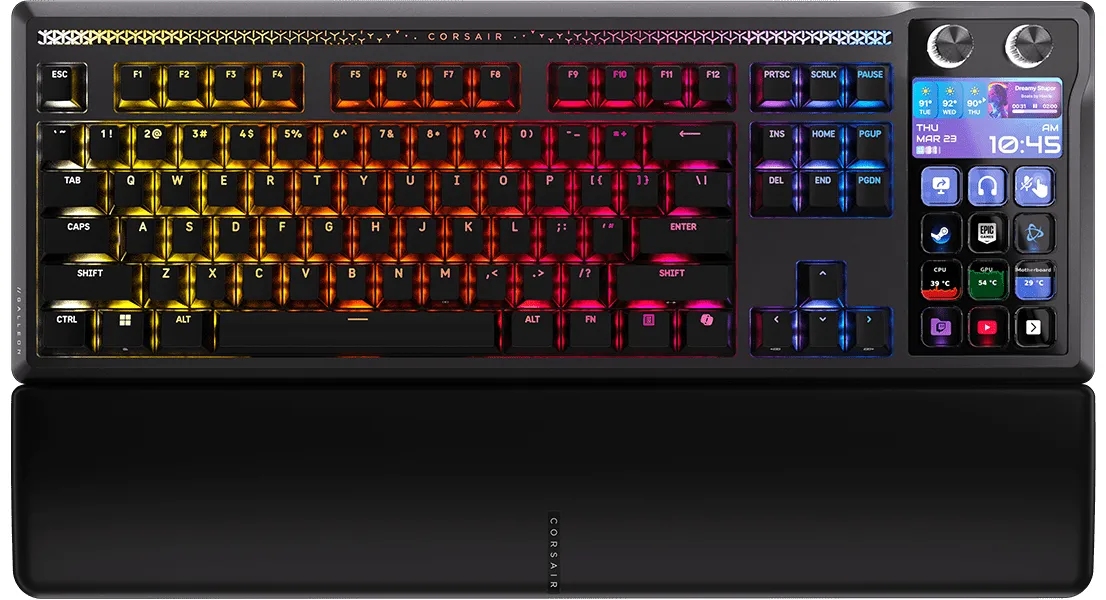 Black Corsair Galleon 100 SD keyboard with RGB keys, a palm rest, and a Stream Deck panel with LCD keys and two dials on the right
