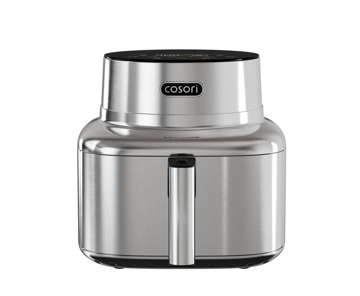 Cosori Iconic stainless steel 6.5-quart air fryer with a brushed metal body and a glass control panel on top