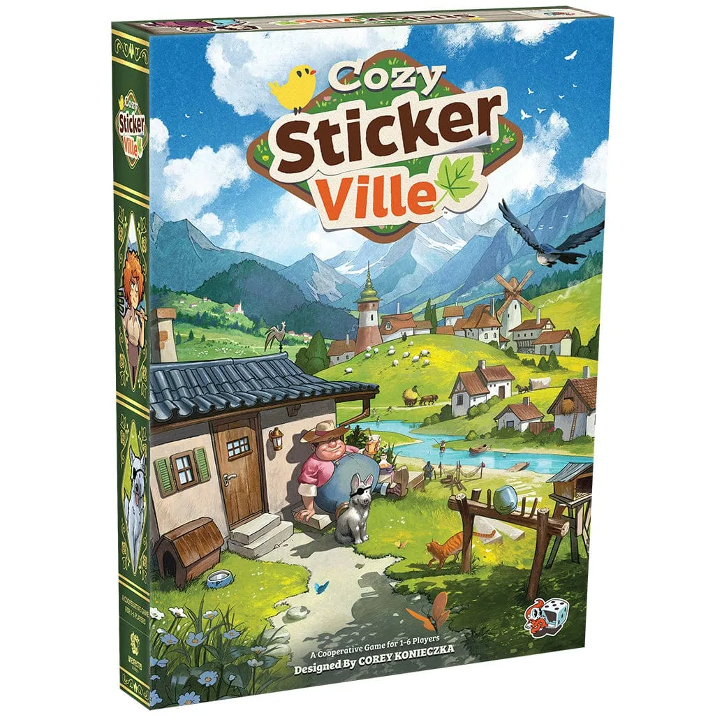 Cozy Stickerville board game box with a painted mountain village and a farmer with his dog