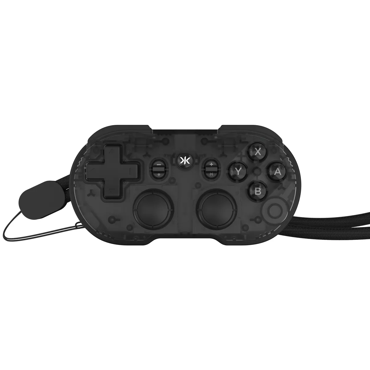 Black CRKD ATOM+ mini controller with a wrist strap, seen from the front