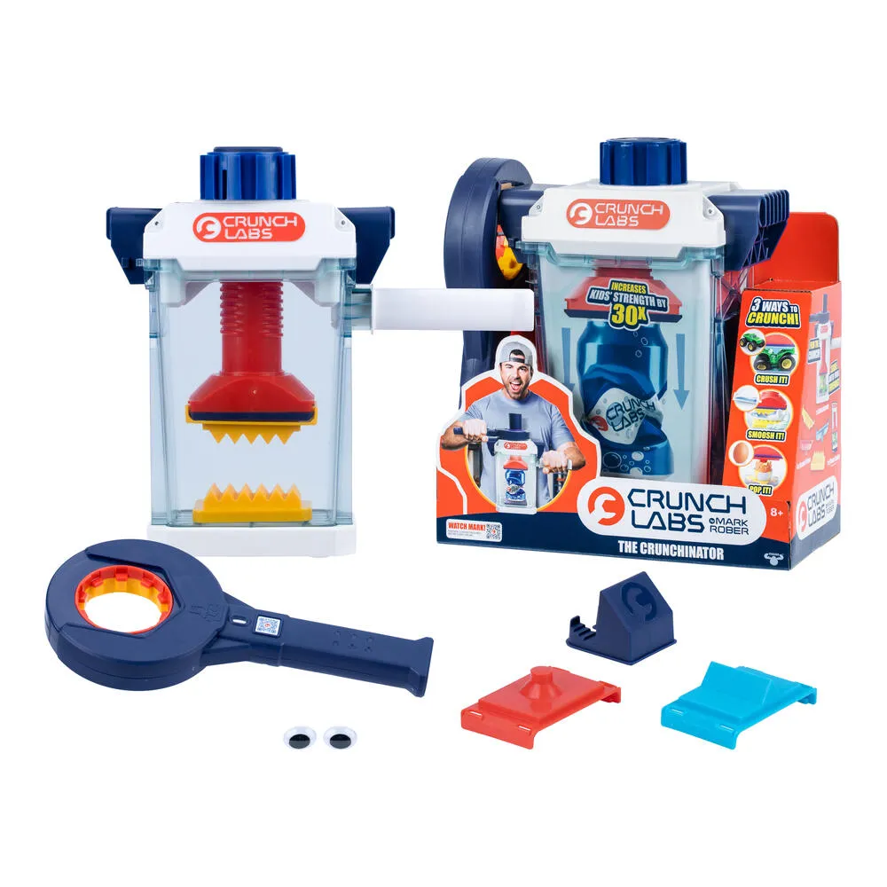 CrunchLabs Crunchinator kit with the clear press chamber, a wrench handle and swappable crush plates next to the box