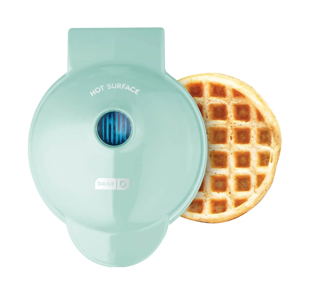 Aqua Dash Mini Waffle Maker next to a small waffle