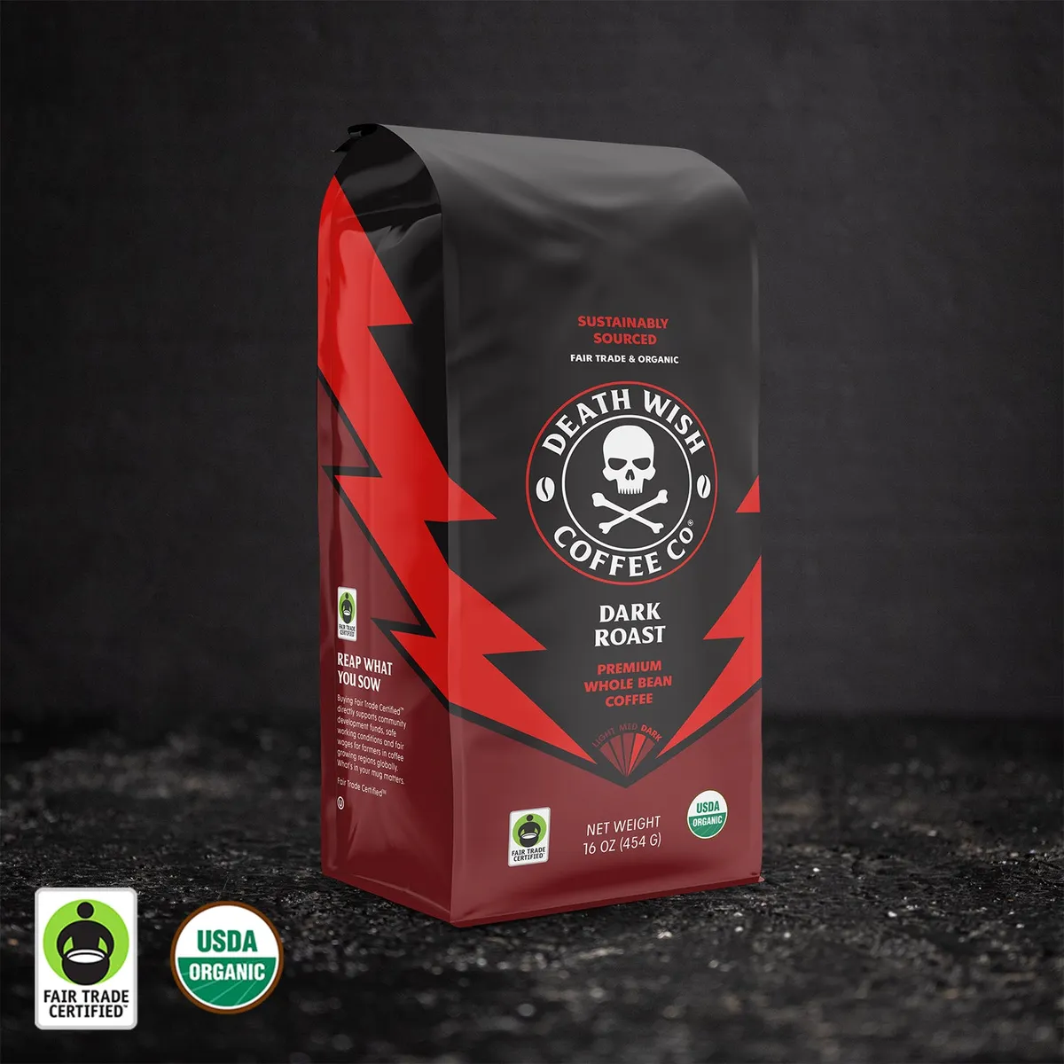 16 oz bag of Death Wish Coffee Dark Roast whole bean coffee