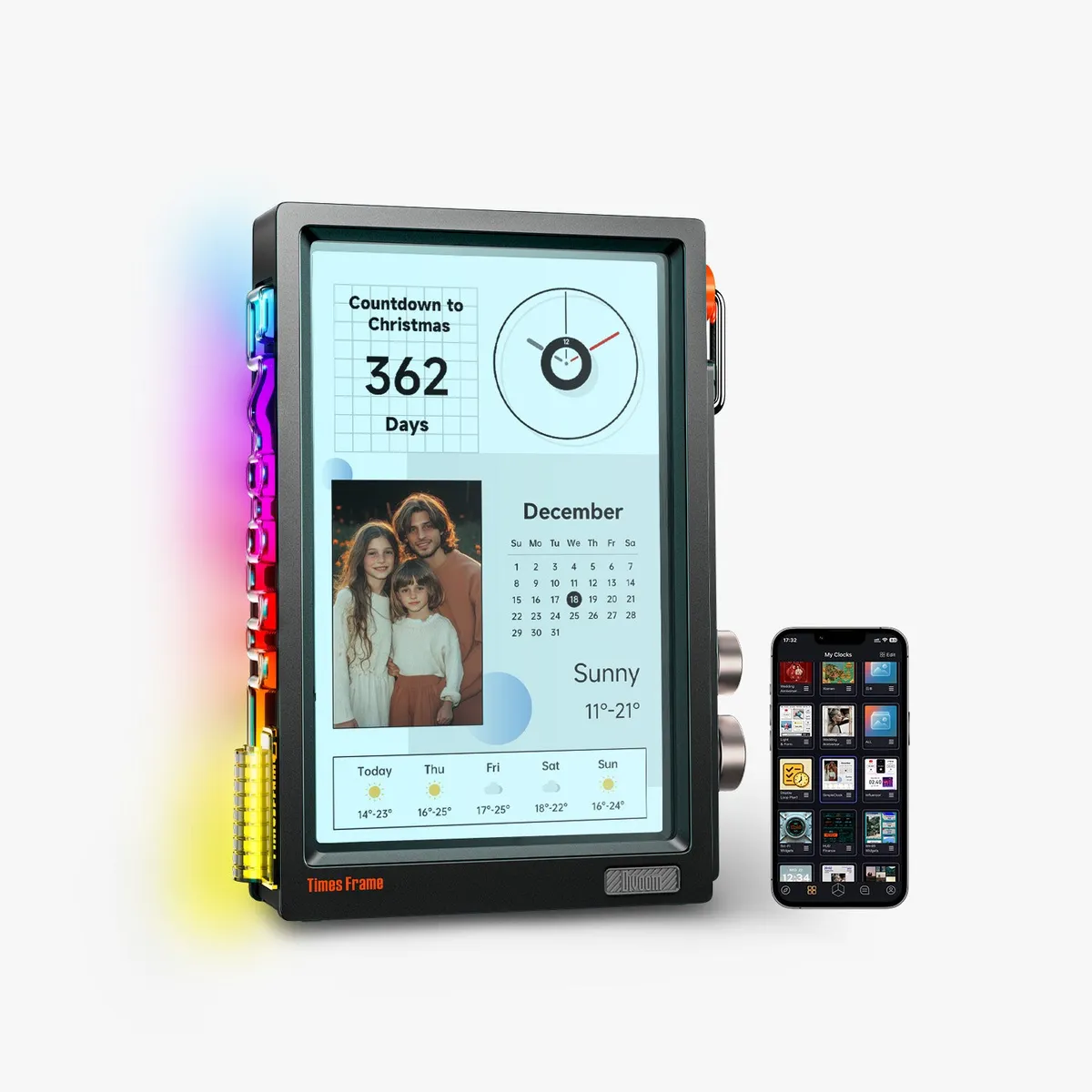 Divoom Times Frame in black, an upright transparent display with a countdown, clock, family photo and calendar, knobs on the right and a light strip on the left