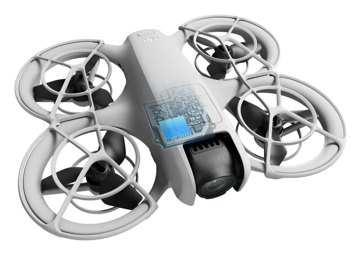 The DJI Neo drone with its full propeller guards