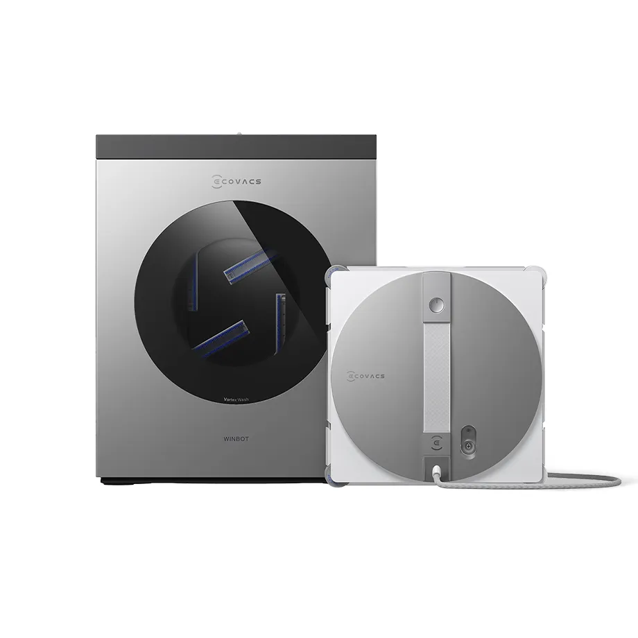 Ecovacs Winbot W3 Omni square window robot next to its gray station with a round washing window