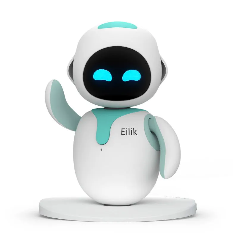 Eilik desk robot in blue and white, waving from its round charging base