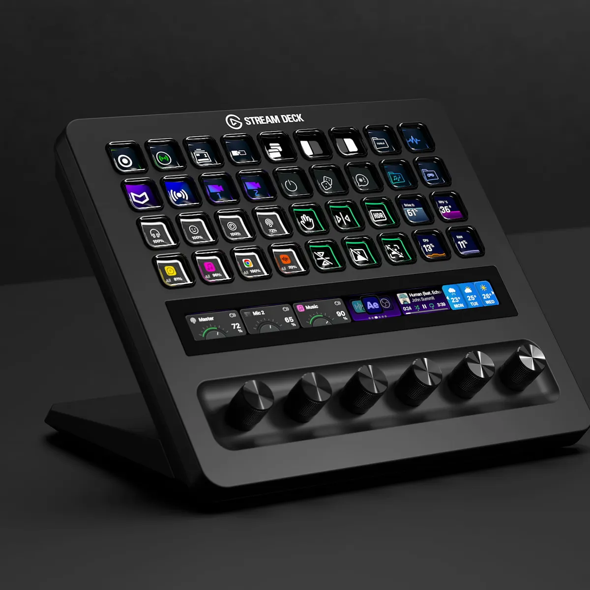 Elgato Stream Deck + XL control panel with 36 LCD keys, a touch strip and six dials