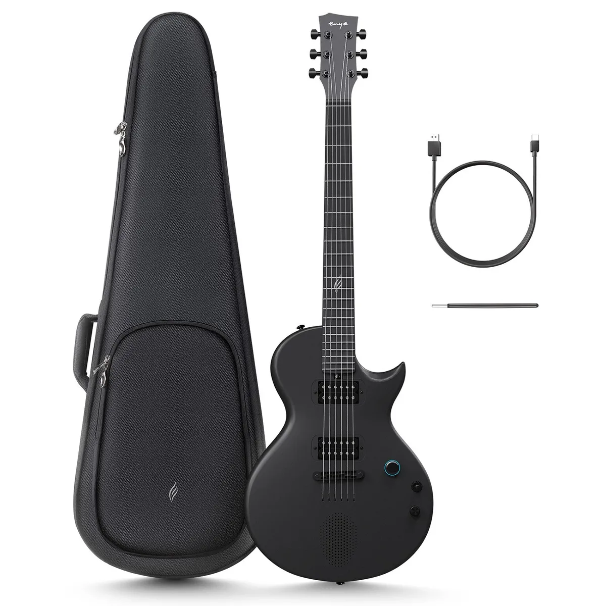 The Enya Nova Go Sonic electric guitar in black with its gig bag, charging cable and a guitar cable