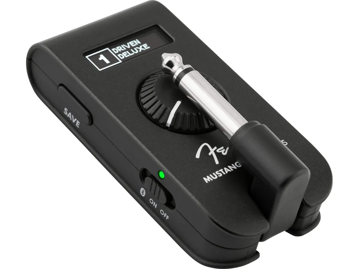 Fender Mustang Micro Plus headphone guitar amp with its OLED display