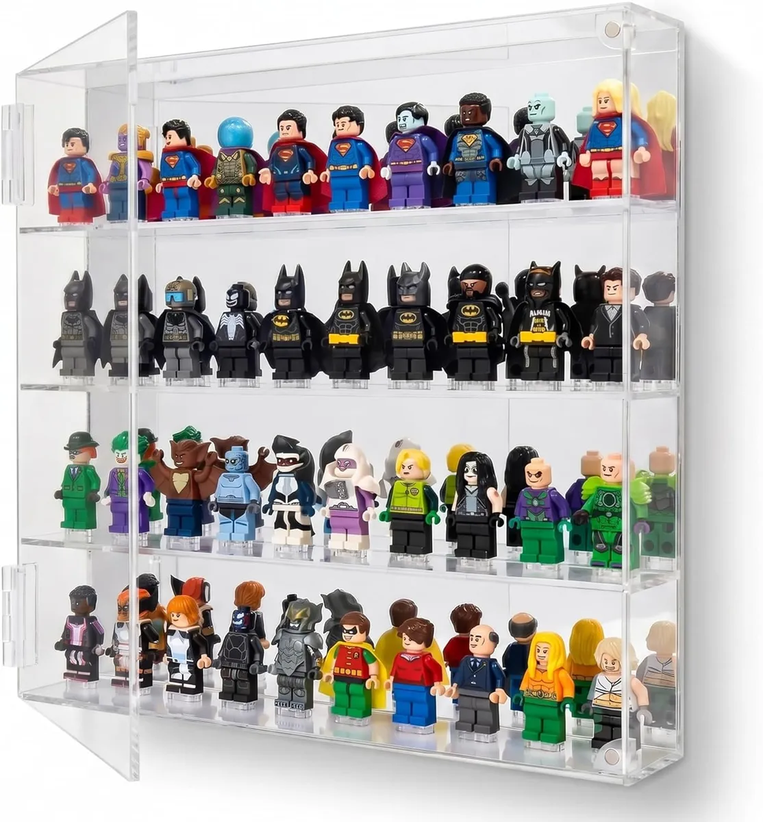 FigFortress acrylic display case with 40 LEGO minifigures on four shelves
