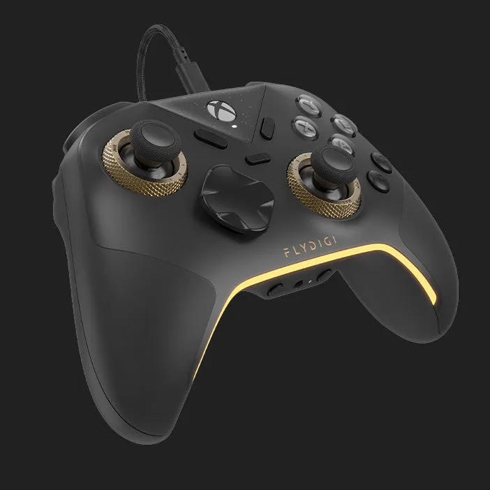 Flydigi Vader 5S wired Xbox controller in black with gold tension rings around the sticks