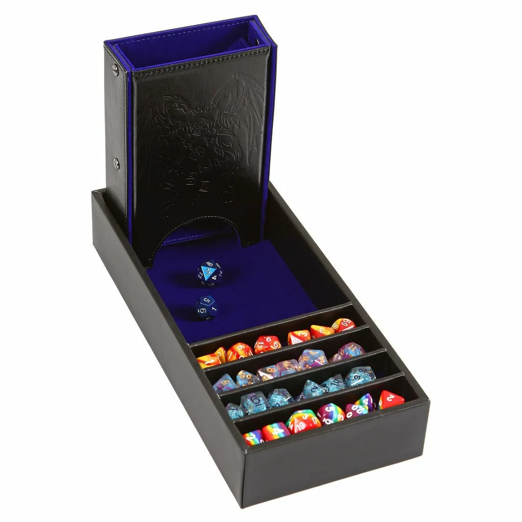 Forged Dice Co. Citadel dice tray with the tower standing upright and dice in the storage slots