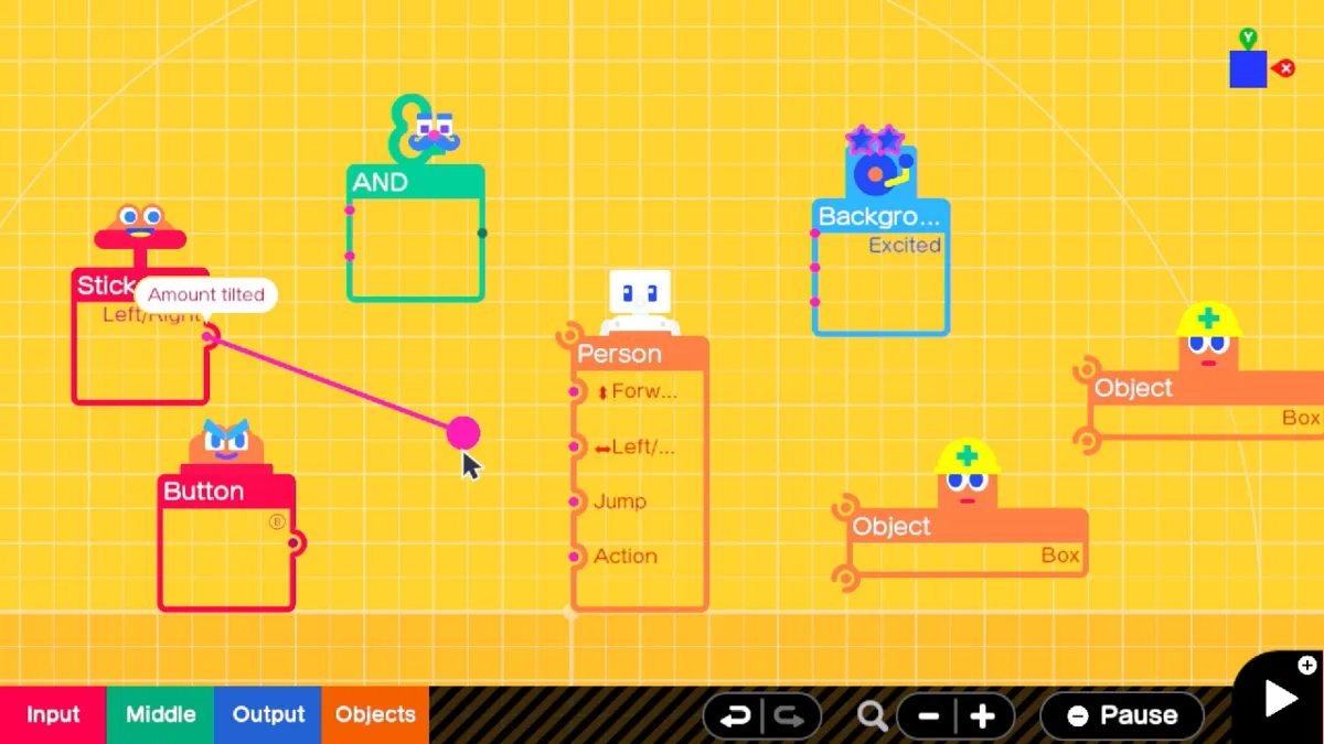 A Game Builder Garage screen with colorful Nodon programming blocks connected by wires