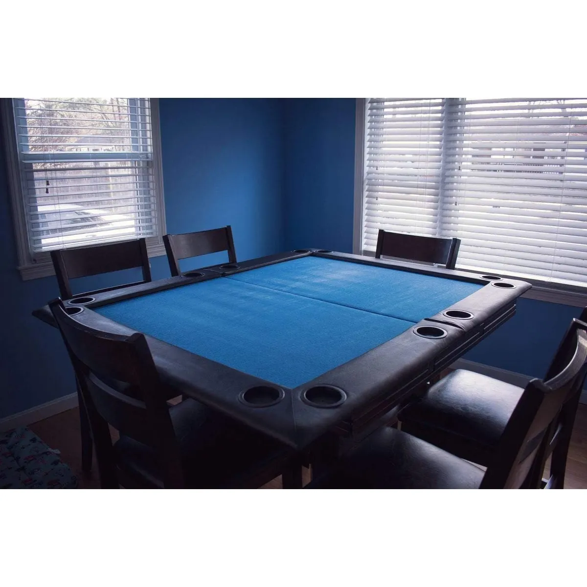 Blue 40 x 60 inch Game Night Table Topper with cup holders on a dining table