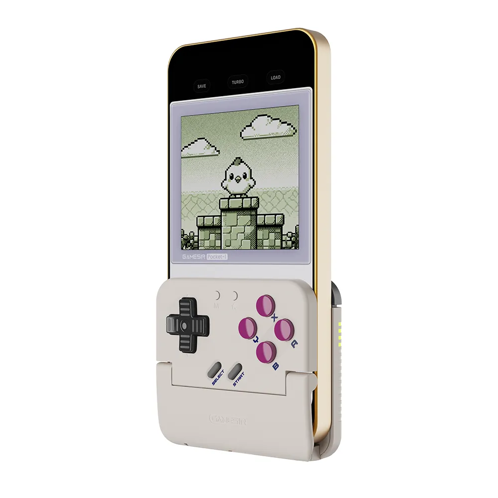 GameSir Pocket Taco controller clamped to the bottom of a smartphone, cream body with purple buttons