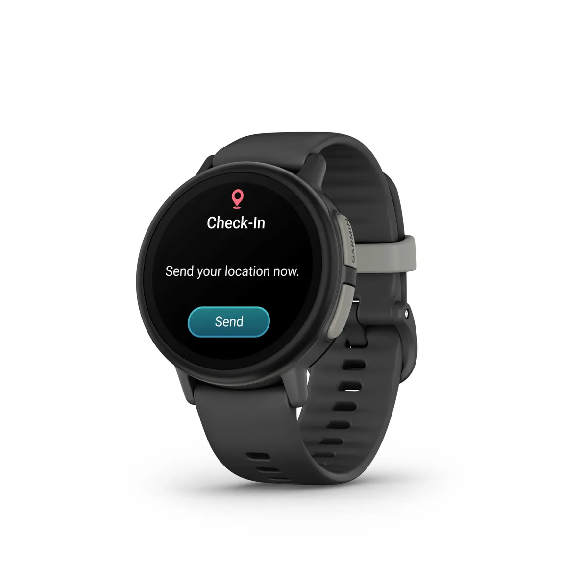 Garmin Bounce 2 kids smartwatch in slate gray with a check-in screen