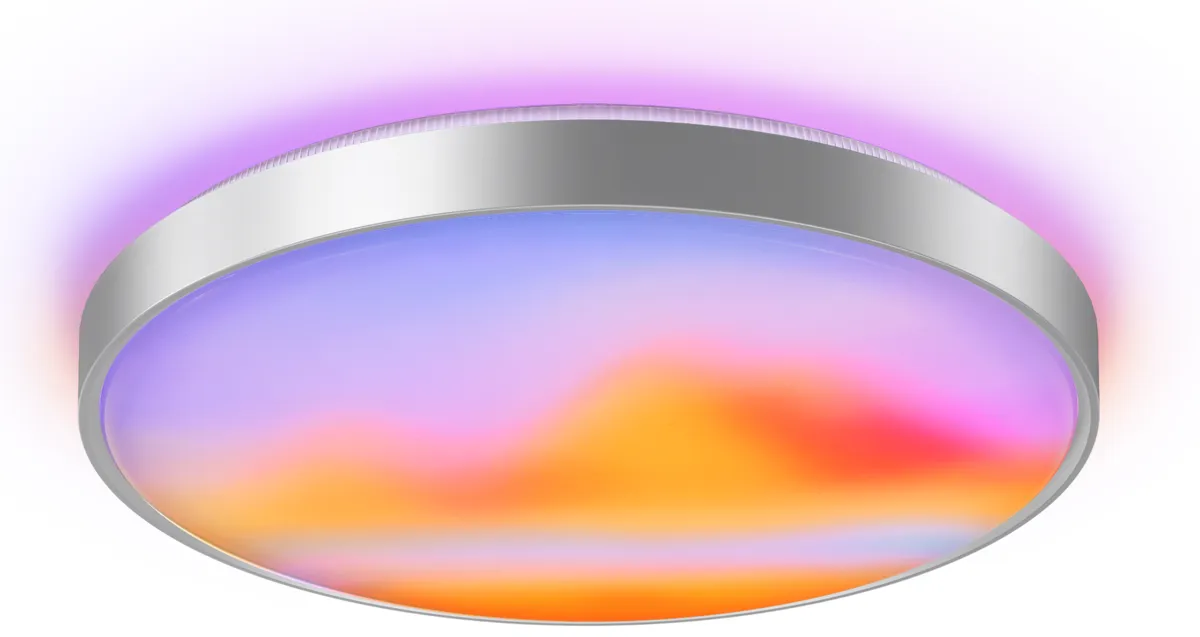 Govee Ceiling Light Ultra, a round silver ceiling light showing a sunset scene with a purple glow around the edge