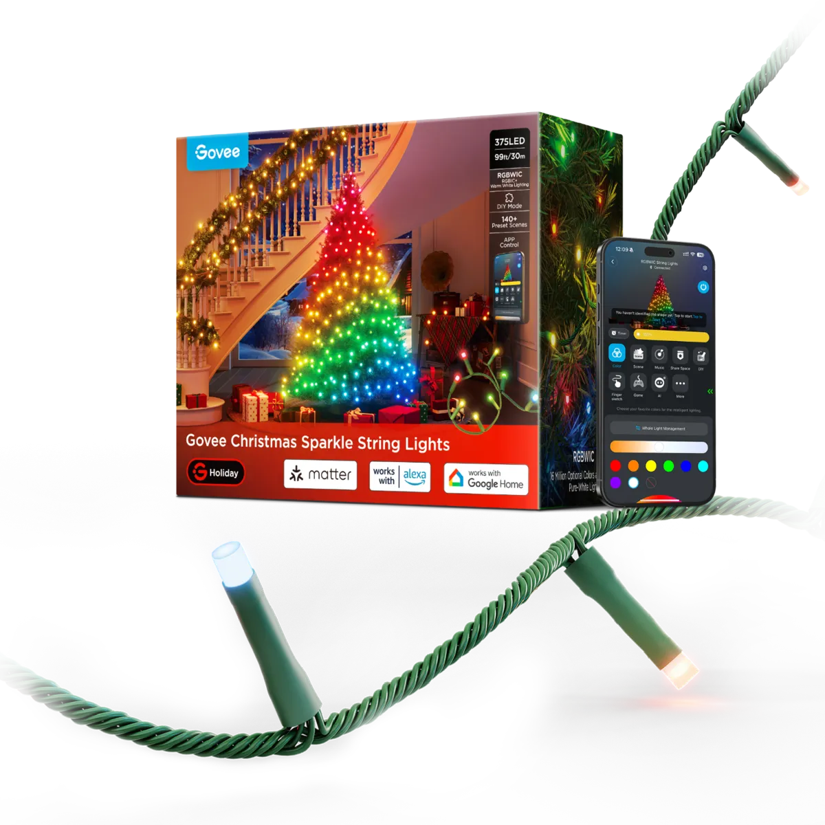 Govee Christmas Sparkle String Lights 99ft box with a green-wire string of bullet LEDs and a phone showing the Govee Home app