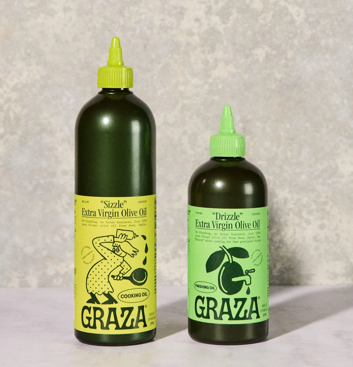 Graza Sizzle and Drizzle olive oil squeeze bottles side by side