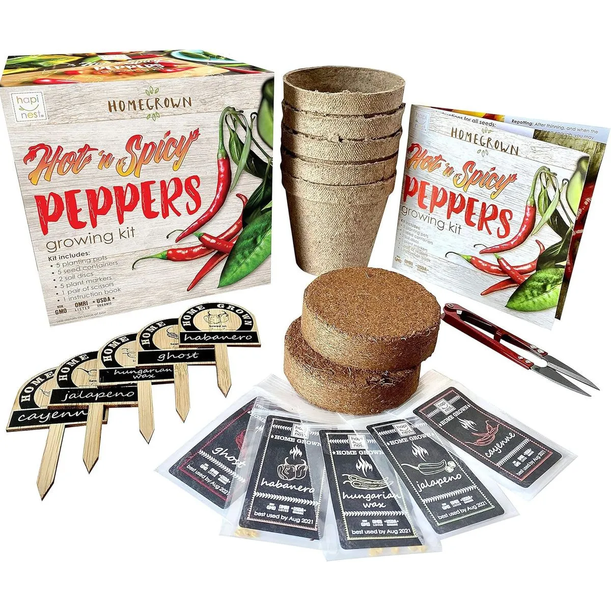 Hapinest Hot 'n Spicy Peppers growing kit box with pots, soil discs, seed packets and plant markers