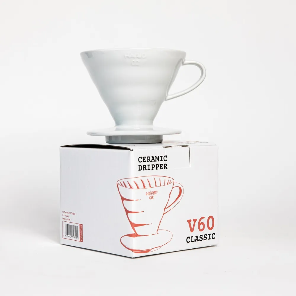 White Hario V60 ceramic coffee dripper size 02 on its box