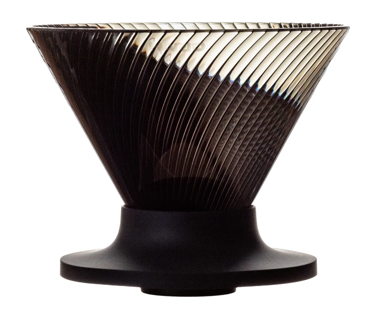 Hario V60 Dripper NEO 02 in transparent black Tritan with a black silicone base