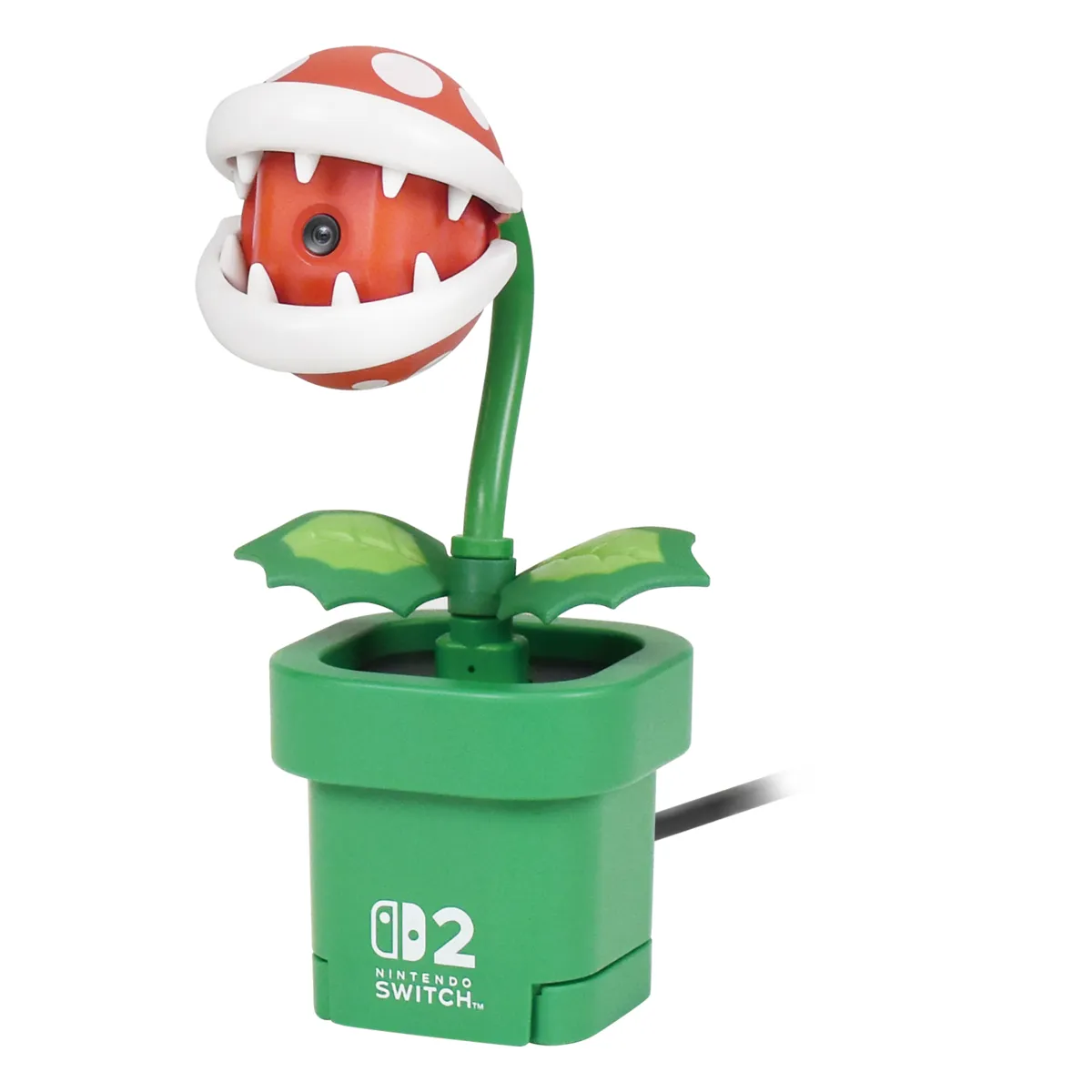 HORI Piranha Plant Camera with its mouth open, sitting in its green Warp Pipe base