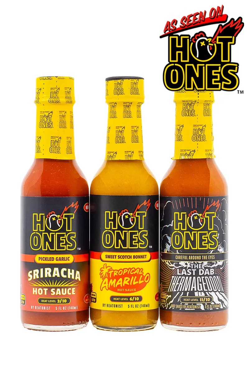 Three Hot Ones Season 30 hot sauce bottles: Pickled Garlic Sriracha, Tropical Amarillo and The Last Dab Thermageddon